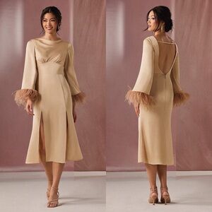 NWT Azazie Aubrey Gold Champagne Midi Dress With Feathers